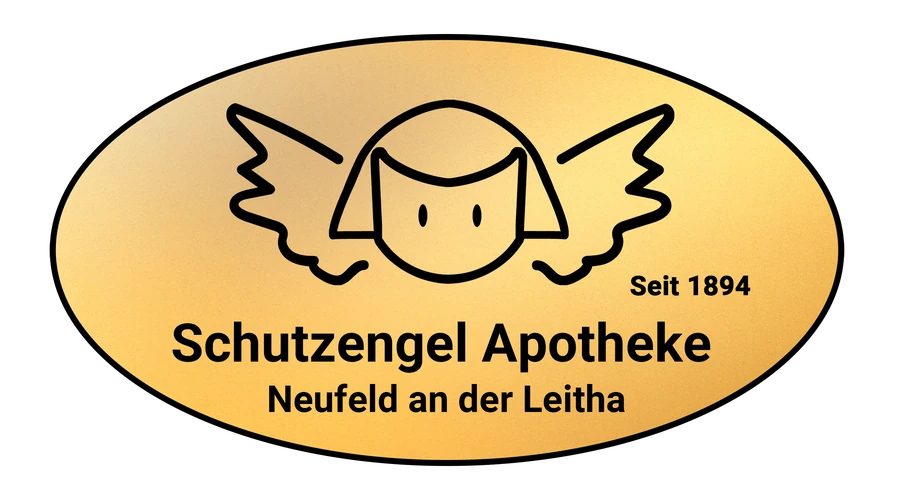 Schutzengel Apotheke – Logo (goldenes Oval mit Schutzengel, seit 1894)